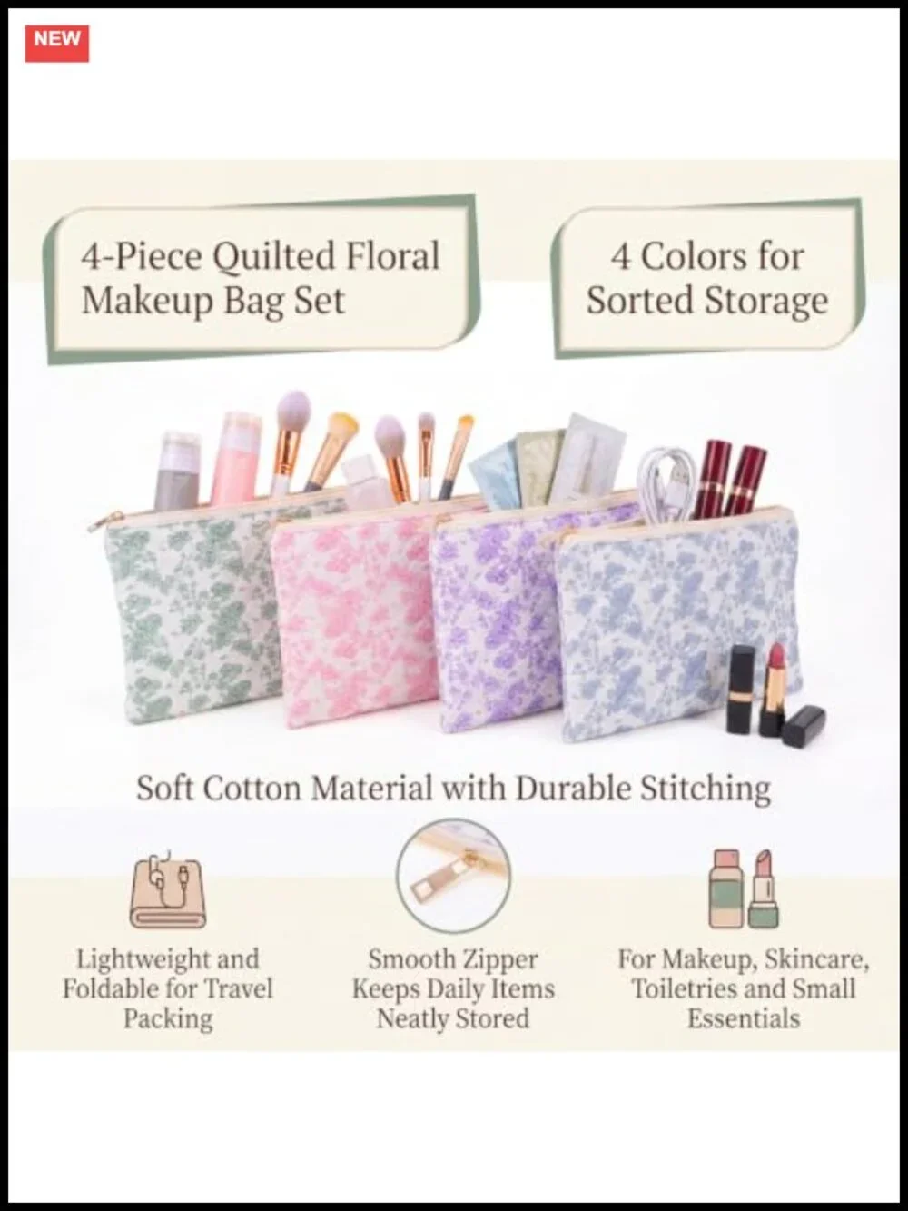 Floral Cotton Cosmetic Bags 4-Pack - Makeup Pouches Travel Organizer